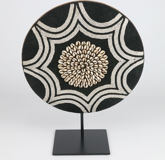 African Beaded Shield with Cowrie Center on Stand (White)