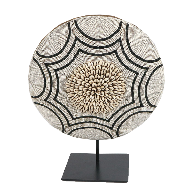 Beaded Shield with Cowrie Shell Center on Stand (White) Indlu Afrika