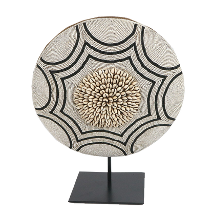 Beaded Shield with Cowrie Shell Center on Stand (White) Indlu Afrika