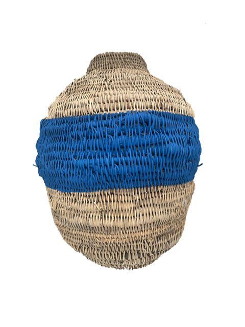 Natural Buhera basket with blue stripe, two-tone design, various sizes available.