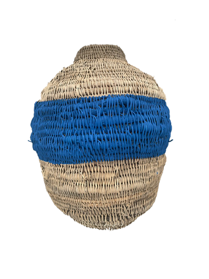 Natural Buhera basket with blue stripe, two-tone design, various sizes available.