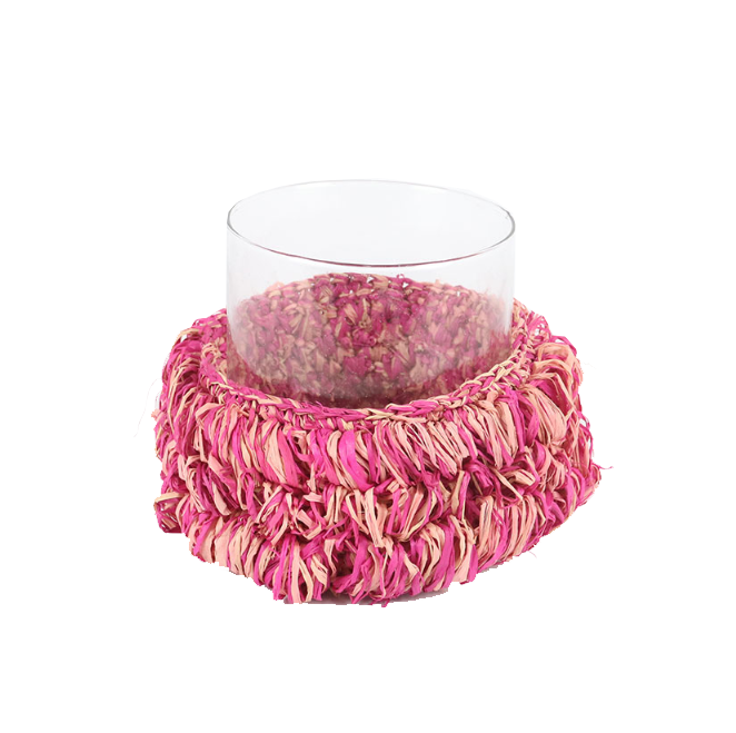 Crochet candle holder with glass, pink design, 7cm height, 10cm diameter.