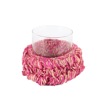 Crochet candle holder with glass, pink design, 7cm height, 10cm diameter.