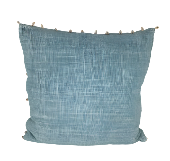 Light blue cushion with cowrie shell design, 50cm x 50cm.