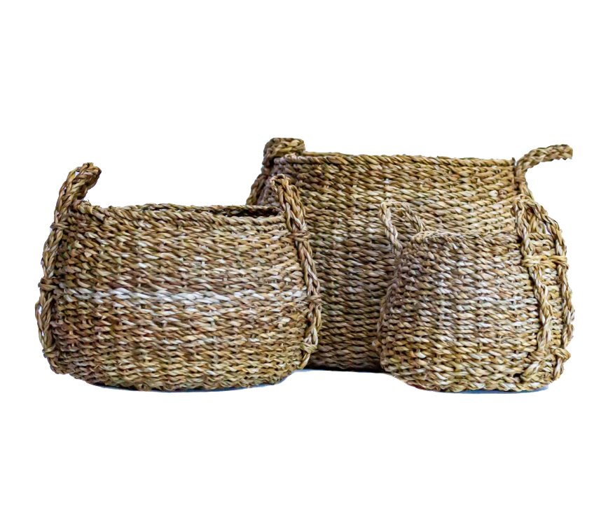 Dim Jhuri Seagrass Basket with Handles, handwoven, natural rustic look, ideal for storage and decoration.