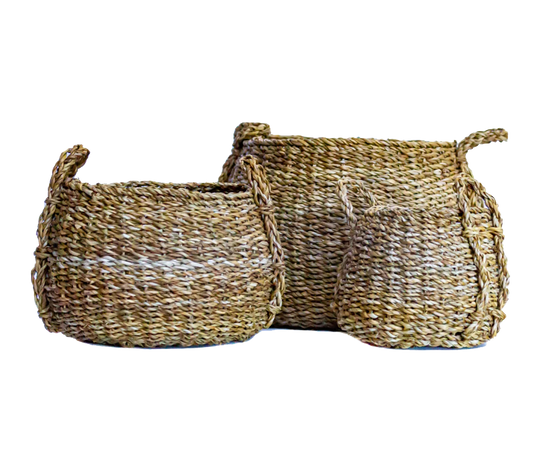 Dim Jhuri Seagrass Basket with Handles, handwoven, natural rustic look, ideal for storage and decoration.