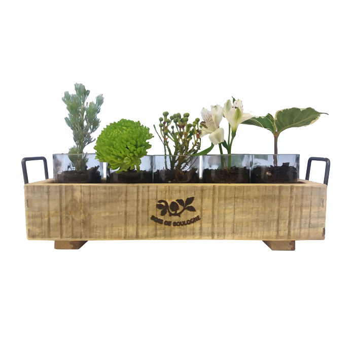 Flower Box Planter with herbs and flowers on a wooden patio or balcony setting.