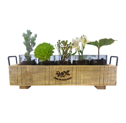 Flower Box Planter with herbs and flowers on a wooden patio or balcony setting.