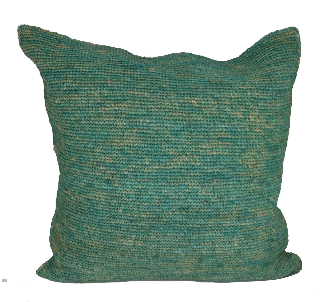 Bohemian style raffia cushion in lush green, 55cm x 55cm.