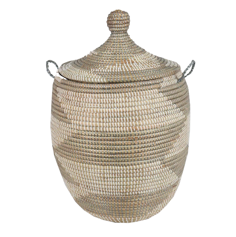 Small Brown woven laundry basket with a lid, made from sustainable seagrass and recycled plastic, featuring a colourful African-inspired pattern.