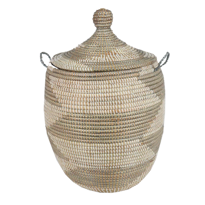 Small Brown woven laundry basket with a lid, made from sustainable seagrass and recycled plastic, featuring a colourful African-inspired pattern.