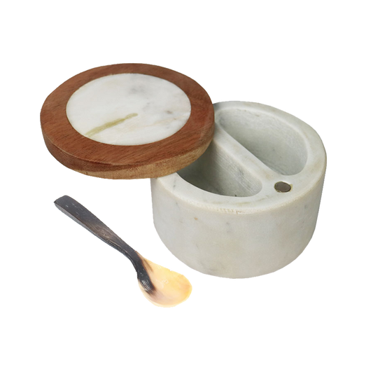 Marble & Wood Salt / Pepper Pot with Horn Spoon