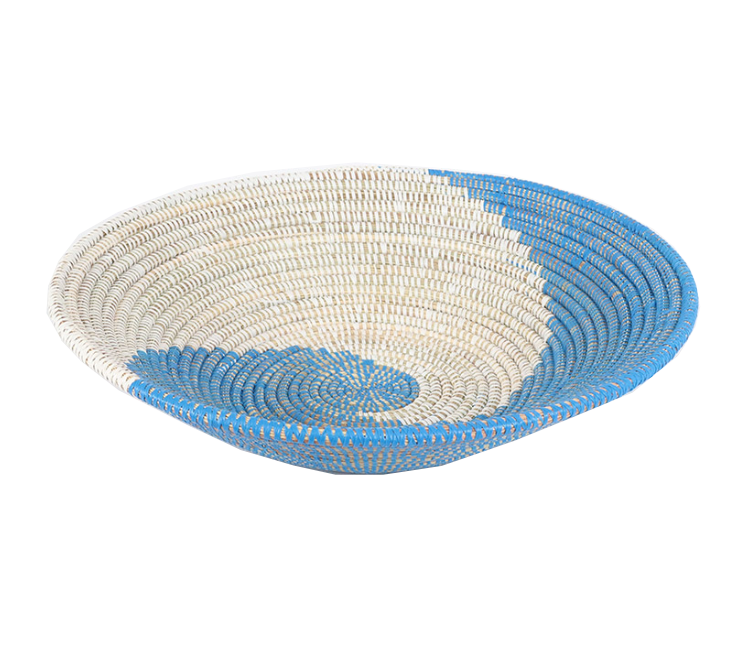 African decor basket with blue and white intricate patterns - Medium