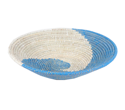 African decor basket with blue and white intricate patterns - Medium