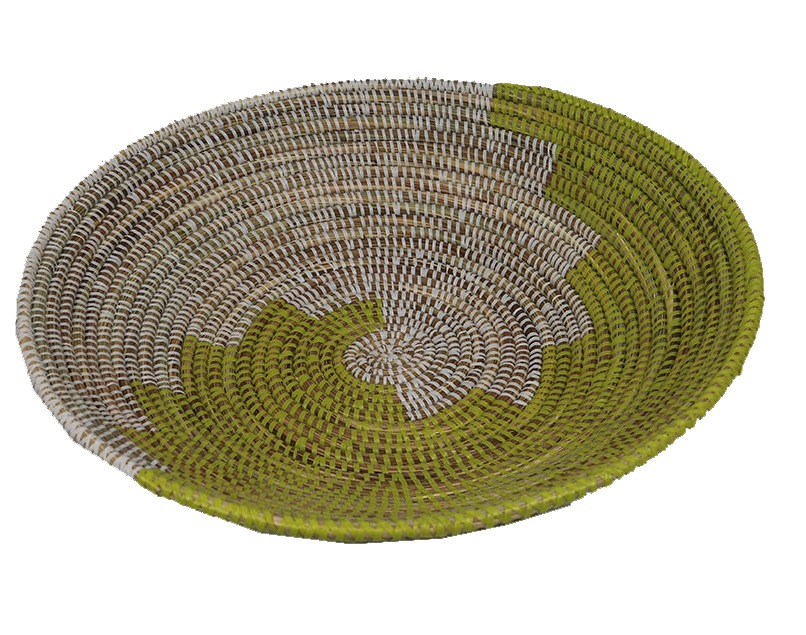 Medium African decor basket in green and brown tones, handcrafted with intricate patterns.