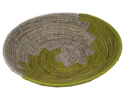 Medium African decor basket in green and brown tones, handcrafted with intricate patterns.