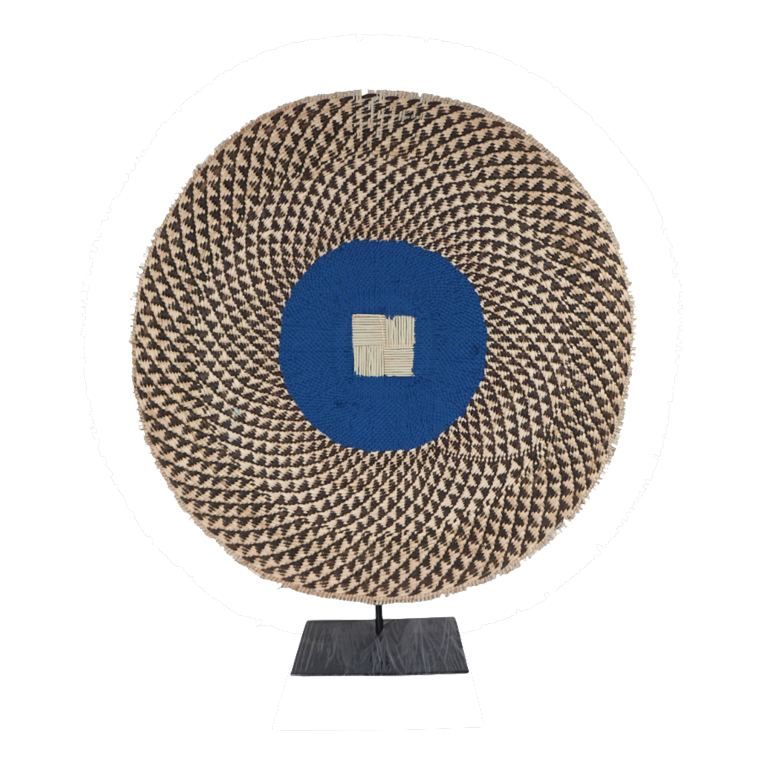 Mbinga Basket Patterned Spike Indigo on stand displaying intricate design.