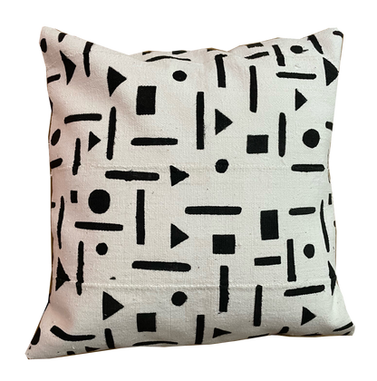 Black and white geometric mud cloth cushion with inner, 50cm x 50cm.