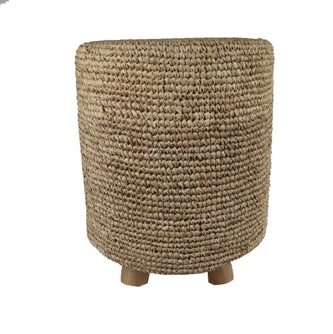 Raffia Stool with Wood Legs Natural