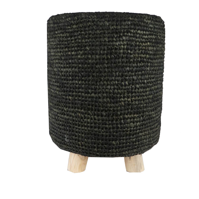 Raffia Stool with Wood Legs - Black