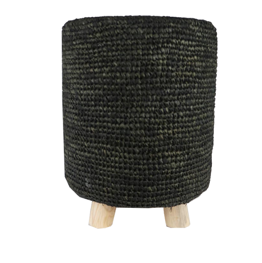 Raffia Stool with Wood Legs - Black