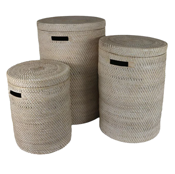 Set of three natural white wash rattan laundry baskets in small, medium, and large sizes.