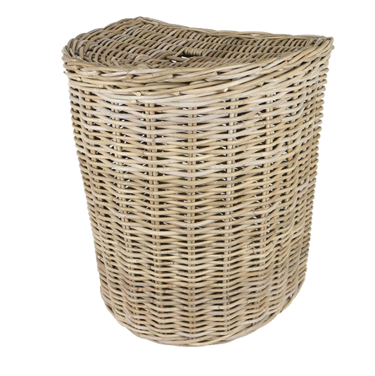 Half round rattan laundry basket, eco-friendly and stylish, in grey color.