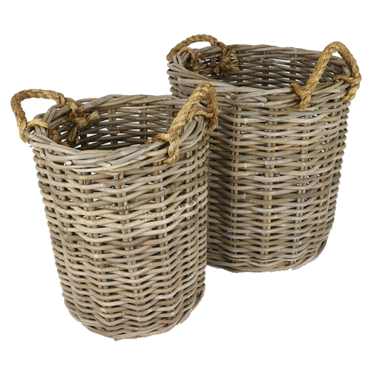 Rattan Thick Laundry Round Open Basket with Rope Set of 2