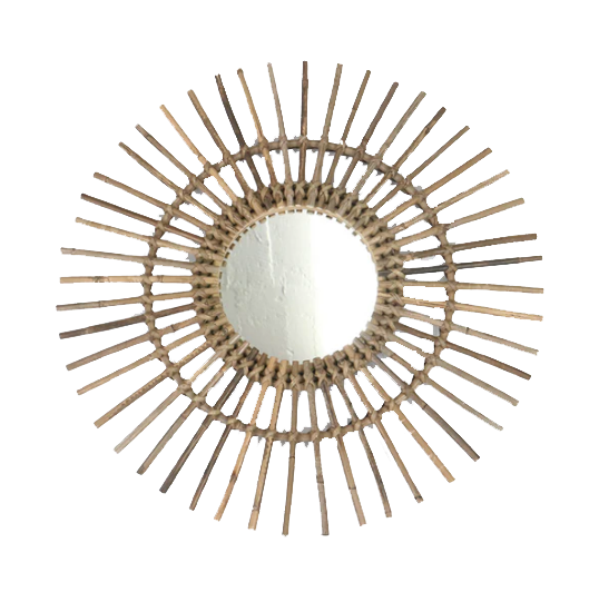 Rattan mirror with sunburst design, 32cm diameter.