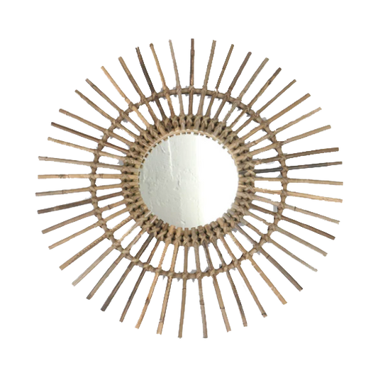 Rattan mirror with sunburst design, 32cm diameter.