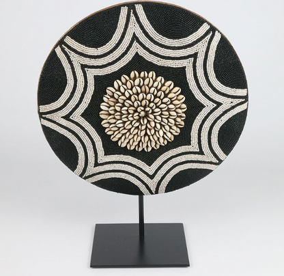 African Beaded Shield with Cowrie Center on Stand (White)