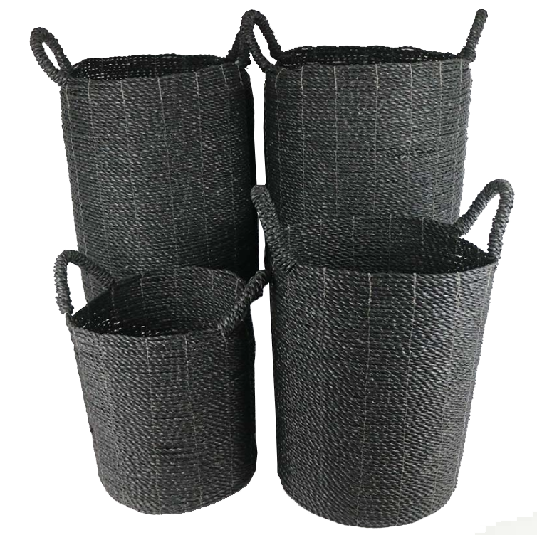 Seagrass laundry basket set of 4 in black color, assorted sizes.