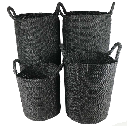 Seagrass laundry basket set of 4 in black color, assorted sizes.