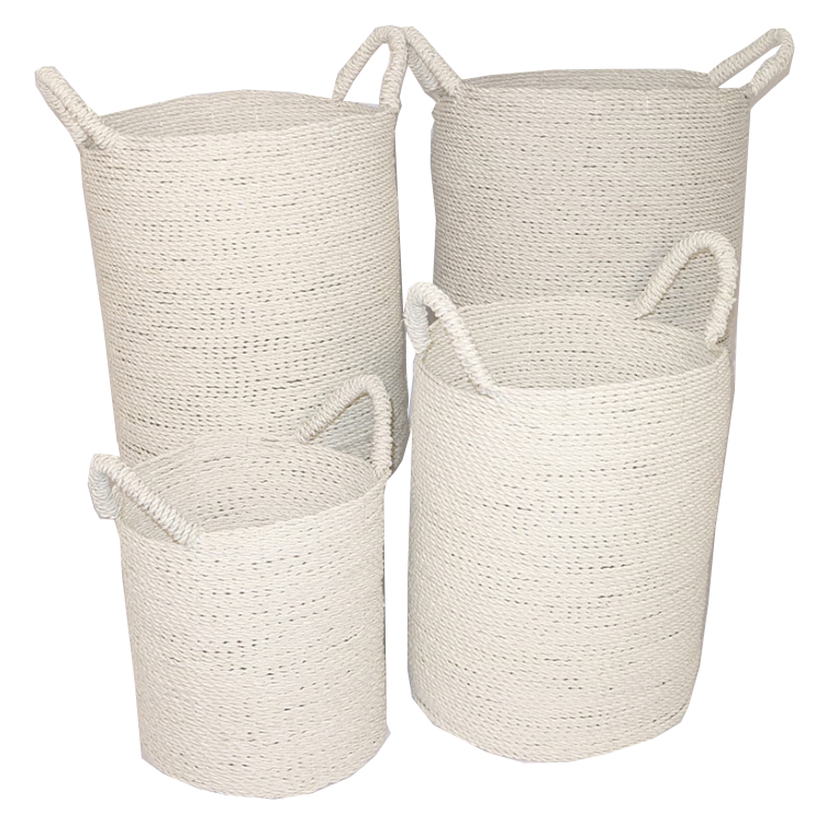 Seagrass laundry baskets set of 4 in varying sizes and colors: sage green, black, white, and natural.