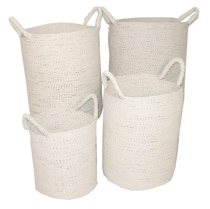 Seagrass laundry baskets set of 4 in varying sizes and colors: sage green, black, white, and natural.