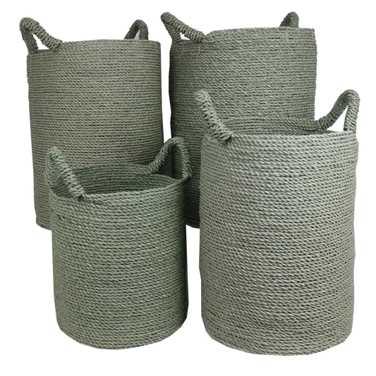 Seagrass Laundry Basket Set of 4 in sage green, various sizes.