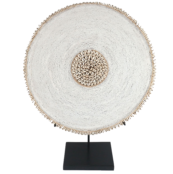 Wood Beaded Shield with Cowrie Band On Stand - Indlu Afrika