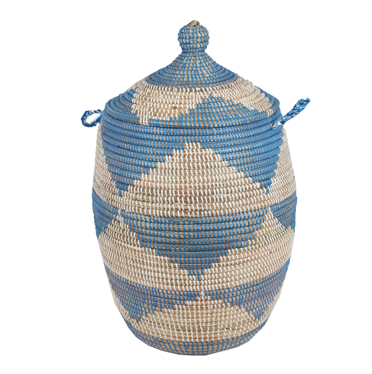 Small woven laundry basket with Blue African pattern, handcrafted from sustainable seagrass and recycled plastic.