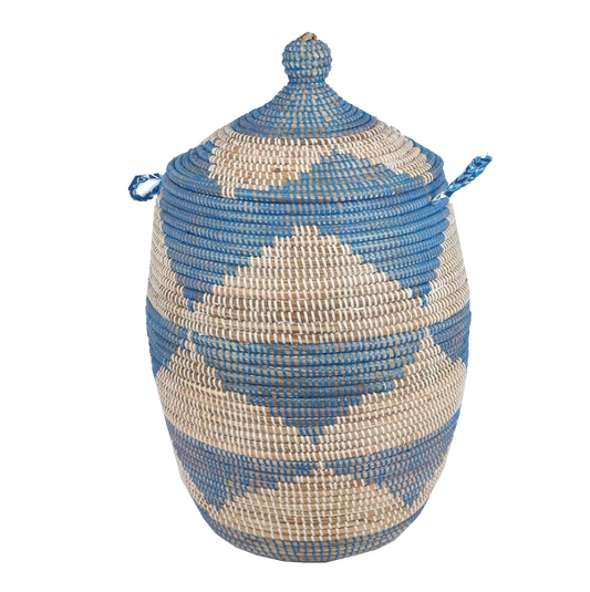 Small woven laundry basket with Blue African pattern, handcrafted from sustainable seagrass and recycled plastic.