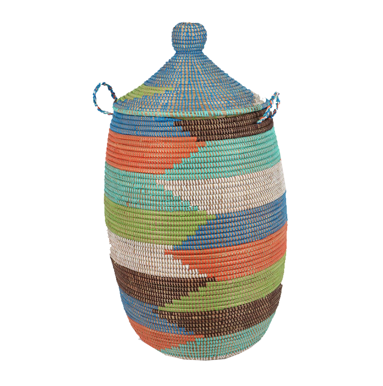 Small woven laundry basket with Multi colour, handcrafted design, made from seagrass and recycled plastic.