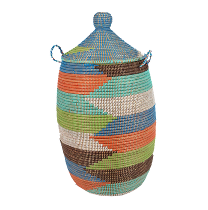 Small woven laundry basket with Multi colour, handcrafted design, made from seagrass and recycled plastic.