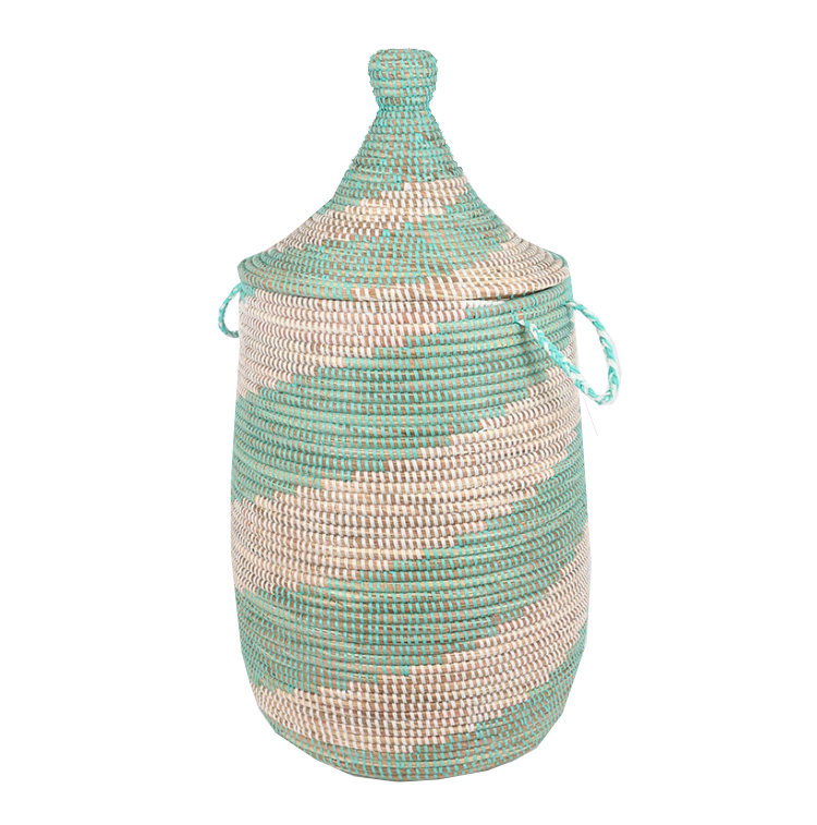 Woven Laundry Basket, Small, Green, handcrafted seagrass and recycled plastic, vibrant colorful pattern, African artisan craft.