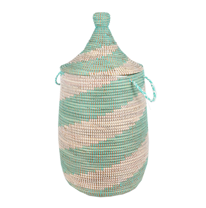 Woven Laundry Basket, Small, Green, handcrafted seagrass and recycled plastic, vibrant colorful pattern, African artisan craft.