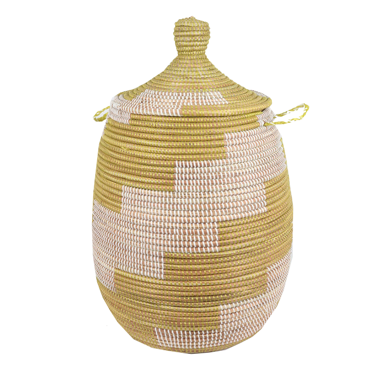 Small woven laundry basket yellow handcrafted from seagrass and recycled plastic with vibrant African patterns.